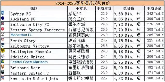 澳大利亚超级联赛冠军赔率排名[澳超联赛球队身价排名]